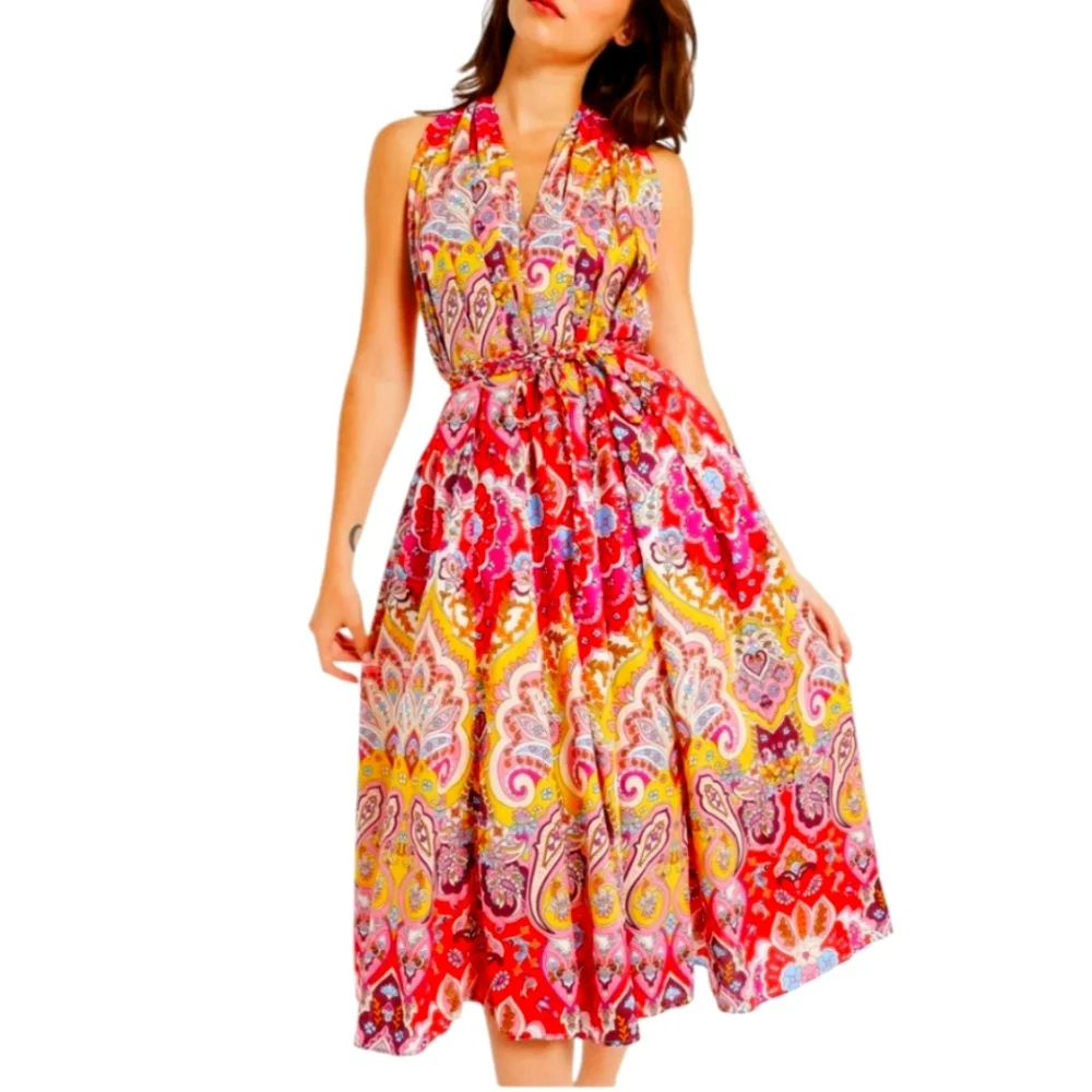 Marilyn Belted Sleeveless Cotton Midi Dress in Zanzibar... Size XL - Picture 1 of 10